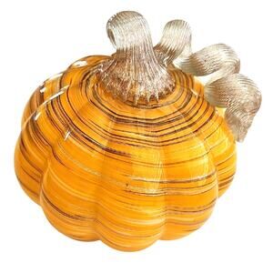 Elegant Amber and Brown Gold Speckled Glass Pumpkin 6.5" Diameter by 6" Tall